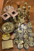 BRASSWARE - horse brasses and candlesticks, a good assortment, a copper kettle and other items