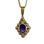 9CT GOLD AMETHYST SET VICTORIAN STYLE PENDANT NECKLACE - having a pierced hanging loop with textured