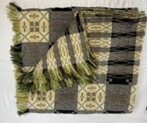 TRADITIONAL WELSH BLANKET - in greens and greys with tasselled ends, 225 x 250cms