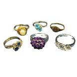 18CT, 9CT, SILVER & OTHER DRESS RINGS (6) to include an 18ct gold diamond and blue sapphire