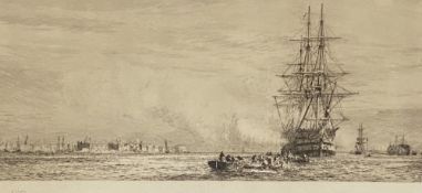 WILLIAM LIONEL WYLLIE etching - labelled verso - HMS Victory at Portsmouth Harbour, signed in