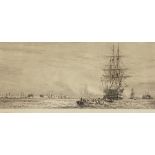 WILLIAM LIONEL WYLLIE etching - labelled verso - HMS Victory at Portsmouth Harbour, signed in