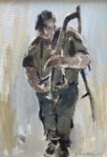 WILLIAM SELWYN oil on canvas - standing farmer with scythe, signed, 34 x 24cms