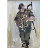 WILLIAM SELWYN oil on canvas - standing farmer with scythe, signed, 34 x 24cms