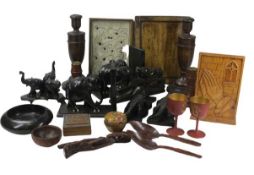 CARVED AFRICAN EBONY & OTHER TREEN WARE COLLECTABLES including a folding slate pad, vintage silver