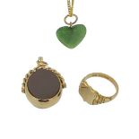 9CT GOLD JEWELLERY, 3 ITEMS to include a signet ring dated 1849, the blank shield shape top having