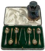 SILVER TEA CANISTER and a cased set of six teaspoons with sugar tongs, Sheffield hallmarks 1937,