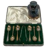 SILVER TEA CANISTER and a cased set of six teaspoons with sugar tongs, Sheffield hallmarks 1937,