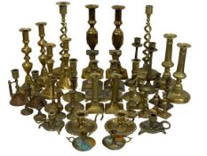 VICTORIAN & LATER CANDLESTICKS & CHAMBERSTICKS to include a diamond pattern pair, 30cms H, two pairs