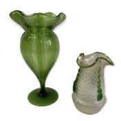 IRIDESCENT GLASS VASE - 16cms tall, and a green glass pedestal vase with pontil mark