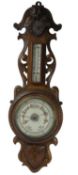 VINTAGE CARVED OAK ANEROID WALL BAROMETER WITH THERMOMETER - 78cms overall H