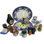 MIXED POTTERY & PORCELAIN GROUP to include two blue and white meat platters, Carltonware Lilly dish,