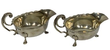 SILVER GRAVY BOATS, A PAIR - Sheffield 1957, Maker Emile Viner, 17.9 ozt gross, both have wavy