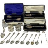 CASED, LOOSE FLATWARE & OTHER SMALL SILVER, 18 ITEMS along with a silver collared glass scent bottle