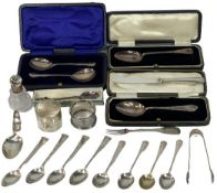 CASED, LOOSE FLATWARE & OTHER SMALL SILVER, 18 ITEMS along with a silver collared glass scent bottle