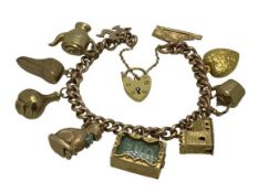 9CT GOLD CHARM BRACELET - with padlock clasp and 10 charms, all stamped 9ct, 41grms gross