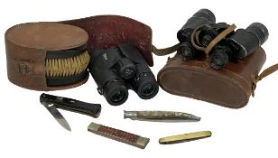 DELACROIX VINTAGE CASED FIELD GLASSES, a quantity of penknives and other miscellaneous items