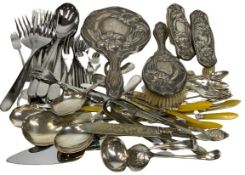 4 PIECE SILVER ART NOUVEAU DRESSING TABLE MIRROR & BRUSH SET along with a mixed quantity of EPNS and