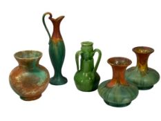 DECORATIVE POTTERY, VASES & JUGS, 5 ITEMS including a pair of vases and jug in Drip ware style