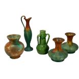 DECORATIVE POTTERY, VASES & JUGS, 5 ITEMS including a pair of vases and jug in Drip ware style