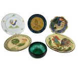 STRATHEARN GREEN MOTTLED GLASS BOWL - 7.5cms H, 15cms diameter and an assortment of cockerel and