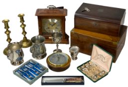 METAMEC MANTEL CLOCK, brass candleholders, barometer, souvenir spoons, EP and pewter tankards, two