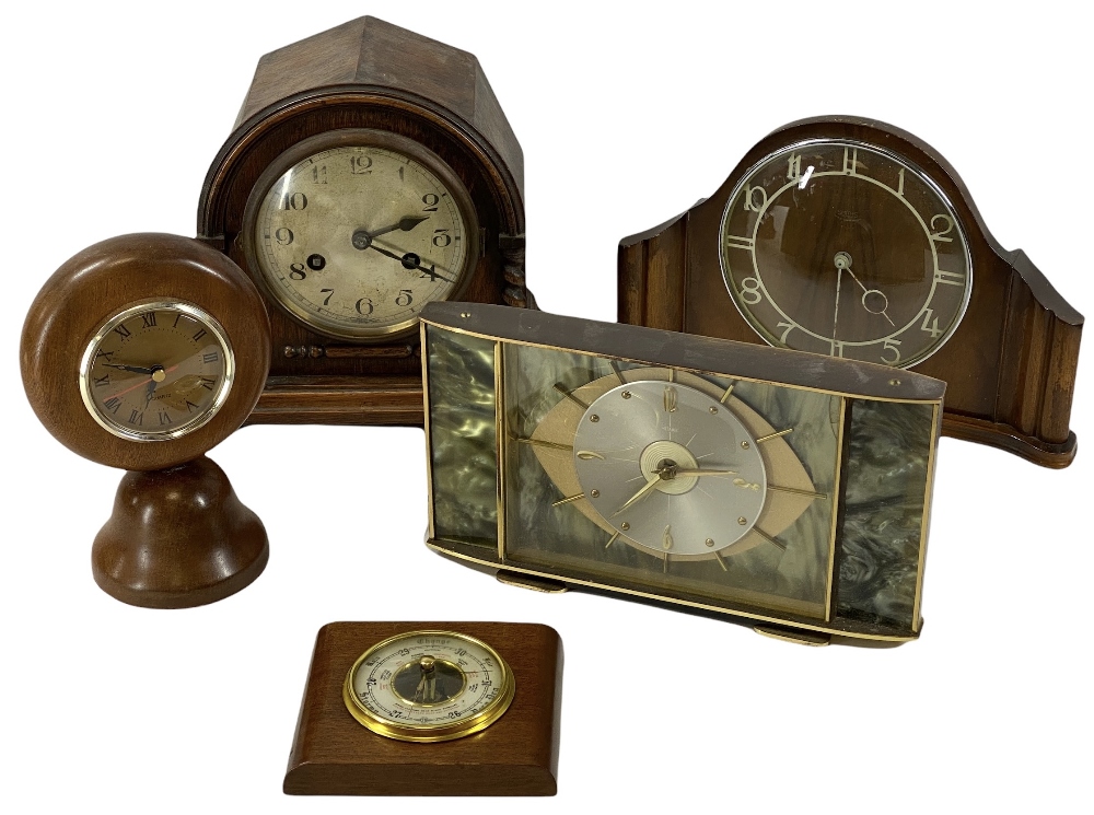 CLOCKS & BAROMETERS (5) - to include Art Deco type mantel clocks, polished antique oak pendulum