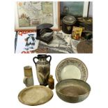 STONEWARE POTTERY GOODS, camouflage kit items, vintage brassware, ETC, a mixed collection