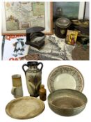 STONEWARE POTTERY GOODS, camouflage kit items, vintage brassware, ETC, a mixed collection