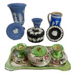 WEDGWOOD JASPERWARE in blue and black, also, a Copeland jug and Maling 'Penny Rose' lustre