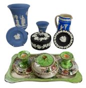 WEDGWOOD JASPERWARE in blue and black, also, a Copeland jug and Maling 'Penny Rose' lustre