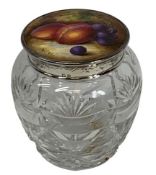 ROYAL WORCESTER FRUIT DECORATED & SILVER MOUNTED CUT GLASS JAR, W Bee circular plaque mounted in