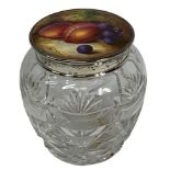 ROYAL WORCESTER FRUIT DECORATED & SILVER MOUNTED CUT GLASS JAR, W Bee circular plaque mounted in