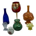 COLOURFUL GLASS COLLECTION to include a tangerine blown glass vase, Vaseline glass vase, Bristol