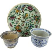 CHINESE FAMILLE VERTE PLATE - 18cms diameter, Copeland Spode cup and another blue and white cup