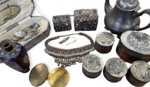 METAL CONTAINERS (probably continental), pewter teapot, compacts, Cloisonne, jewellery boxes,