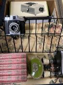 PHOTOGRAPHY - Kodak Duaflex box camera, other cameras and associated items, mid-century rack and