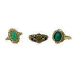 9CT GOLD DRESS RINGS (2) plus one other unmarked ring, each set with various colour stones, sizes R,