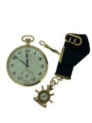STYLISH CIRCA 1930s 9CT GOLD CASED POCKET WATCH and cloth fob with 9ct gold mounts and ship's