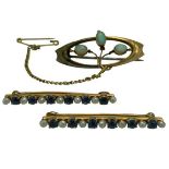 VICTORIAN BAR BROOCHES (3) - in 9 and 14ct gold, the 9ct Art Nouveau style set with three opals with