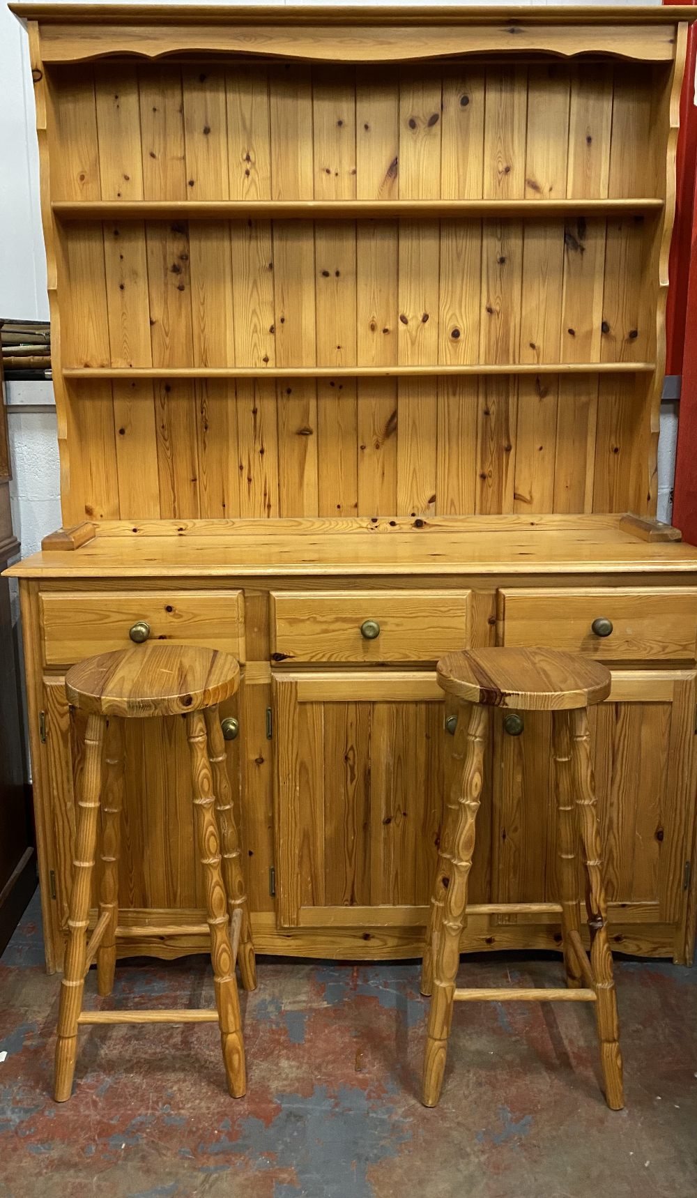 MODERN PINE FARMHOUSE DRESSER, 185cms H, 135cms W, 46cms D and two pine 'bar stools' - Image 2 of 2