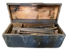 VINTAGE PINE TOOLBOX with contents of good quantity of old tools, having iron carrying handles,