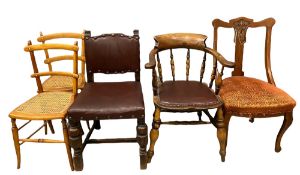 OAK SMOKER'S BOW VINTAGE CHAIR with rexine and studded seat, 82cms H, 61cms W, 43cms D the seat