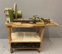 WOOD LATHE (12 ins swing, 37 ins centre to centre) on a wooden bench with base drawers