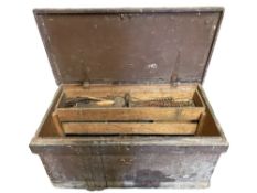 VINTAGE PINE TOOLBOX with contents of old tools, having iron carrying handles, 50cms H, 96cms w,