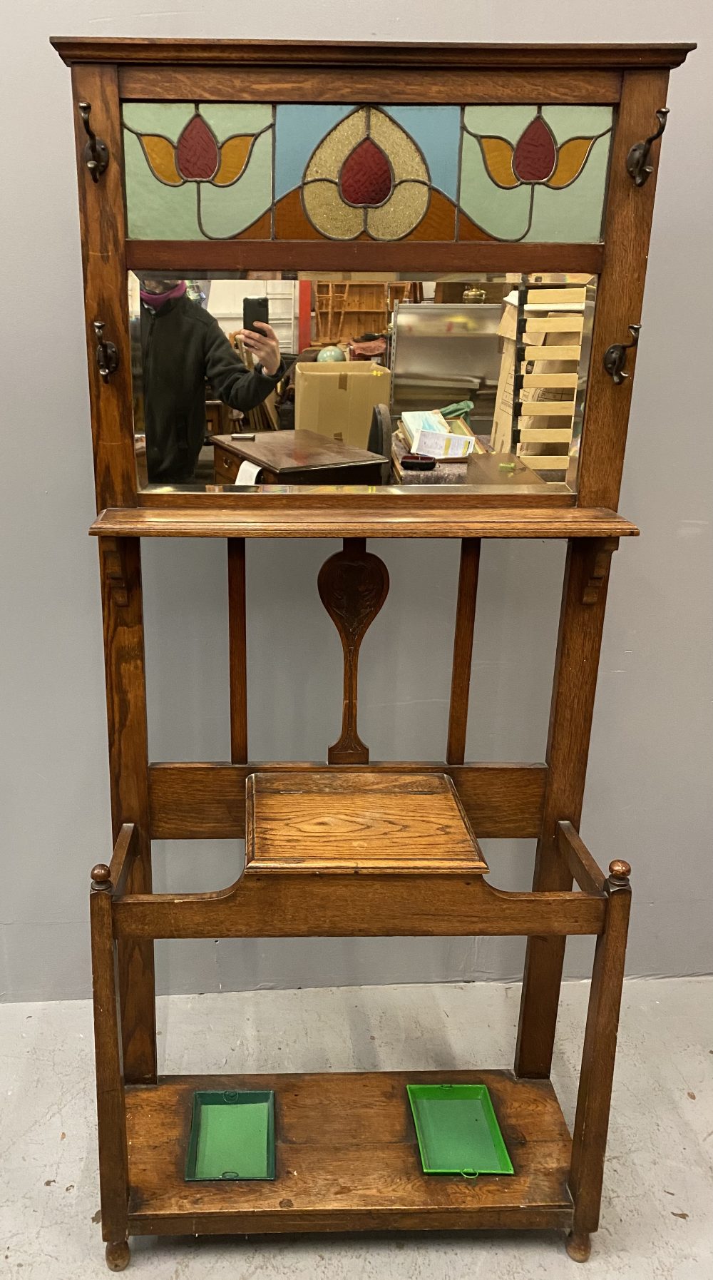 ARTS & CRAFTS STYLE OAK HALLSTAND with upper leaded and stained glass panel, bevelled glass - Image 2 of 5