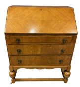 20th CENTURY BUREAU - light oak on turned and block supports, 95cms H, 73cms W, 43cms D