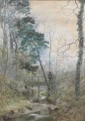 W P STOCKS watercolour - figure standing on a wooden bridge over a stream, signed and dated 1885, 56