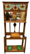 ARTS & CRAFTS STYLE OAK HALLSTAND with upper leaded and stained glass panel, bevelled glass