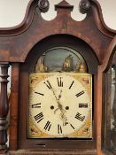 19th CENTURY MAHOGANY LONGCASE CLOCK, eight day rocking ship movement, 51 x 35.5cms dial, twin